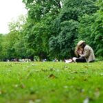 a park scene with people sitting on blankets enjoying the day