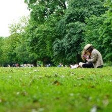 a park scene with people sitting on blankets enjoying the day
