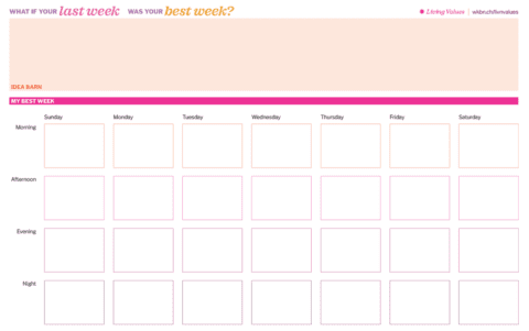 a worksheet grid mapping out a week of activities